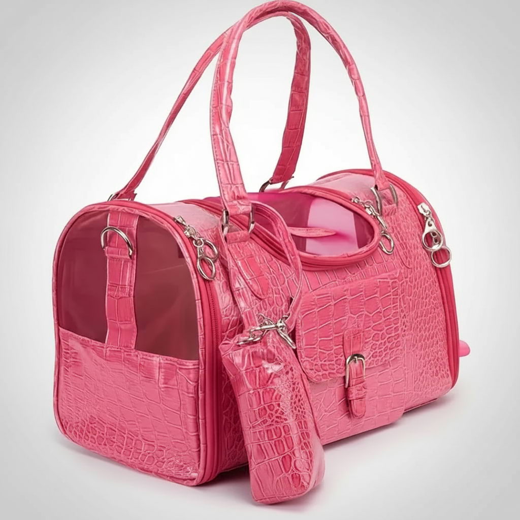 Dog Cat pet Carrier snakeskin pink vegan leather bag and pouch